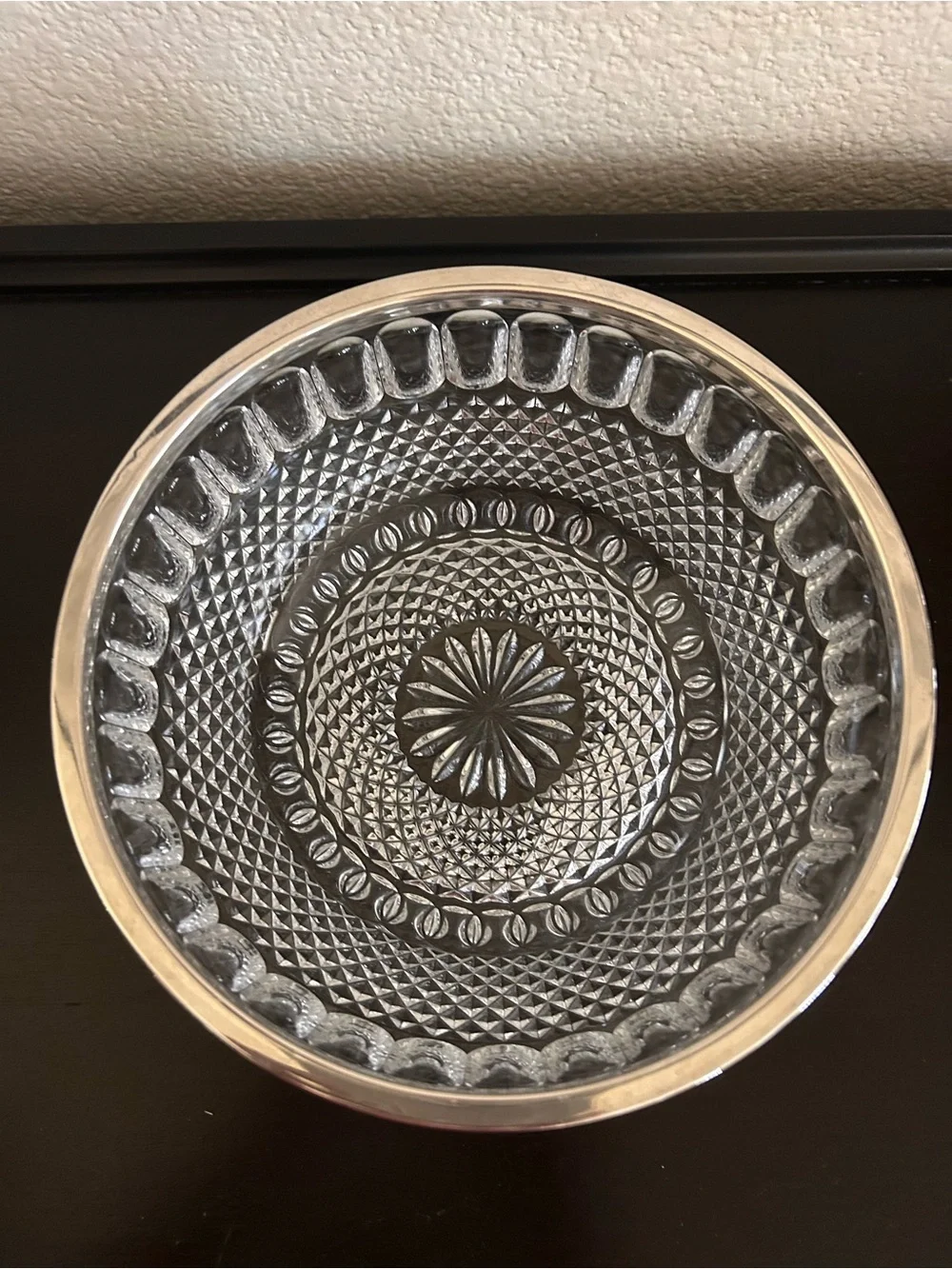 Vintage Teardrop and Diamond Point Pressed Glass Serving Bowl with Silver-Plated